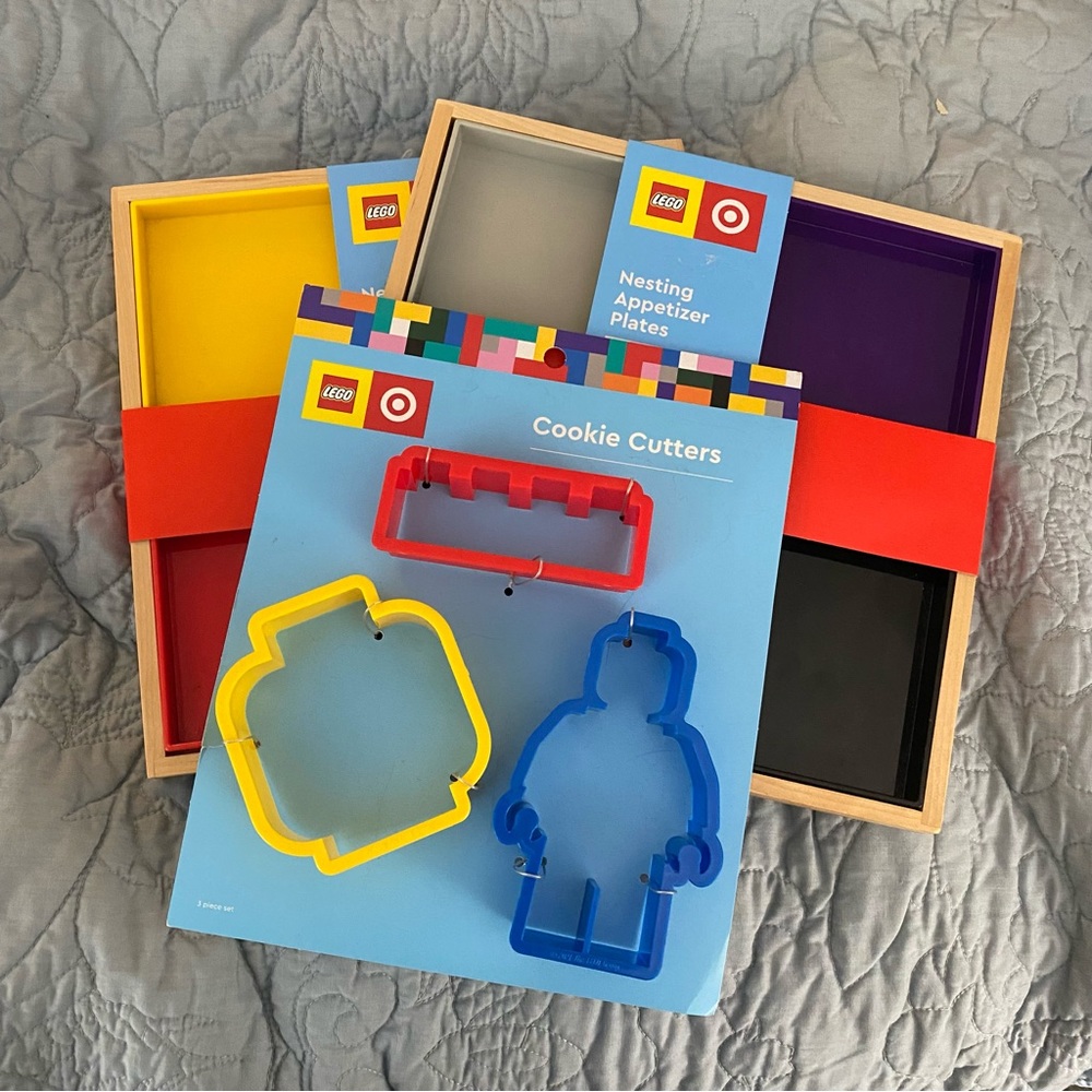 Lego cookie cutter and appetizer plate bundle NIB